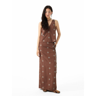 天丝棉麻复古风刺绣两件套V领背心开叉长裙套装 洛边 原创设计师款