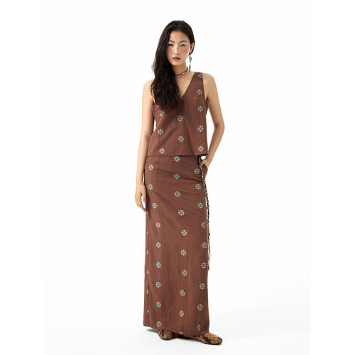 洛边 原创设计师款天丝棉麻复古风刺绣两件套V领背心开叉长裙套装