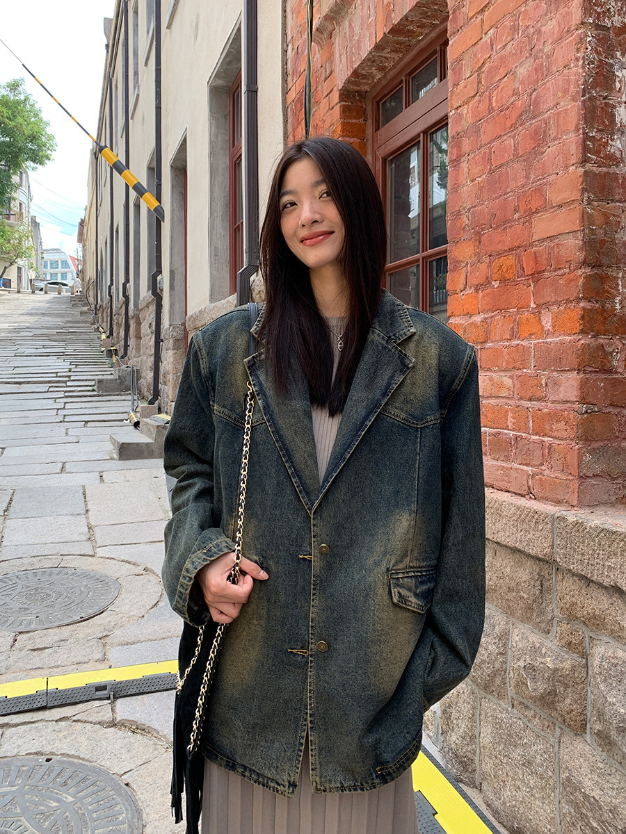 洛边  “王者与青铜”  牛仔外套秋季新款复古洗水做旧西装服上衣