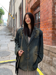 复古洗水做旧西装 洛边 新款 牛仔外套秋季 服上衣 王者与青铜