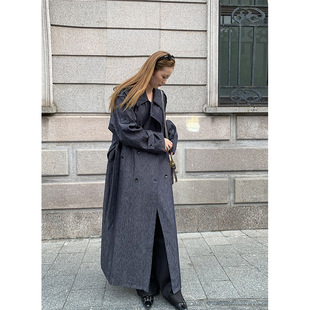 外套秋新款 洛边 复古丹宁风风衣时髦系带长款 70棉30亚麻 高货