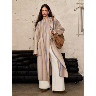 条纹系带 原创羊毛双面呢大衣外套秋冬宽松显瘦长款 洛边 秀场回潮