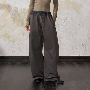 复古慵懒风松紧腰宽松阔腿裤 洛边 抽绳拼色腰休闲裤