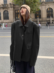 服皮衣外套宽松显瘦秋冬上衣新 PU皮西装 洛边 陷入37°C