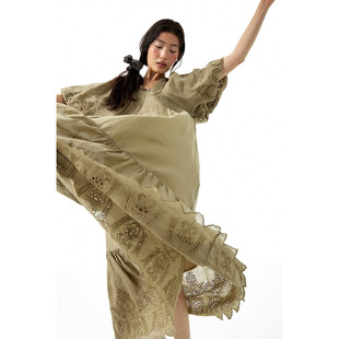 洛边 V领显瘦气质长裙度假风 重工刺绣连衣裙女春夏泡泡袖