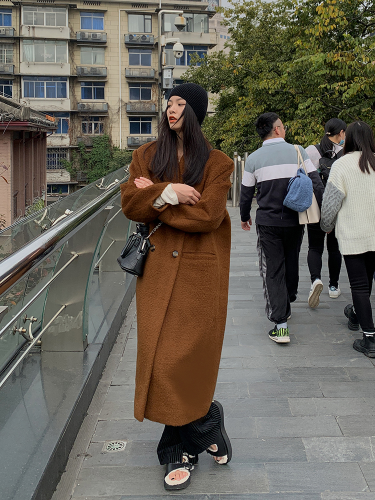 洛边焦糖色色新冬大衣博主风宽松中长款西装领双排扣外套羊毛毛呢