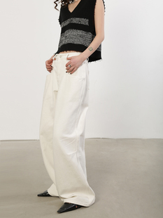 白色百搭宽松休闲裤 牛仔裤 高级阔腿裤 新款 女 洛边 长裤 精选纯棉