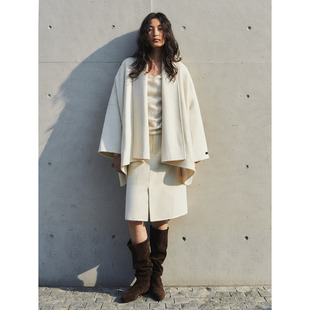 洛边 宽松保暖大衣复古双面呢斗篷 高奢山羊绒毛呢外套女中长款