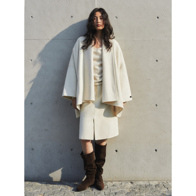 洛边 极简风毛呢外套女中长款宽松保暖大衣复古双面呢斗篷