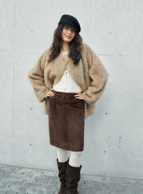 洛边 原创设计麂皮绒半身裙女中长款H裙高腰显瘦毛呢裙子