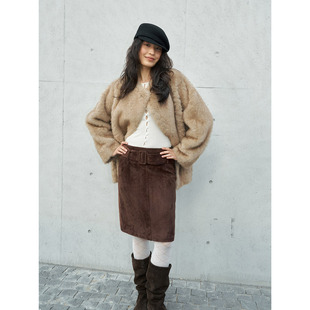 洛边 H裙高腰显瘦毛呢裙子 原创设计麂皮绒半身裙女中长款