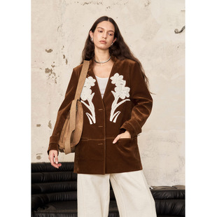 刺绣复古慵懒风宽松夹棉西装 原创设计款 外套上衣新 琥珀丝绒 洛边