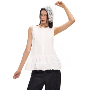 洛边独特设计无袖 宽松蓬蓬花边衬衫