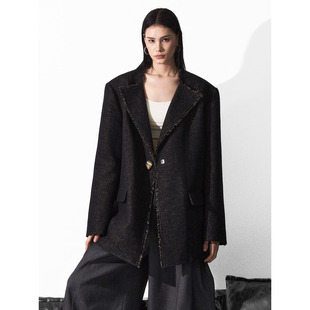 服外套宽松中长款 洛边 毛边小香风西装 原创设计师款 上衣 富家千金