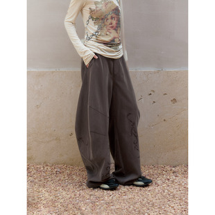 女宽松显瘦百搭阔腿长裤 洛边 原创设计感刺绣休闲裤 咖啡 子 慵懒