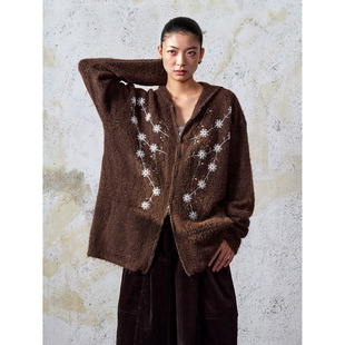 复古慵懒风珠绣毛衣外套连帽拉链宽松上衣 原创设计款 洛边 连理枝