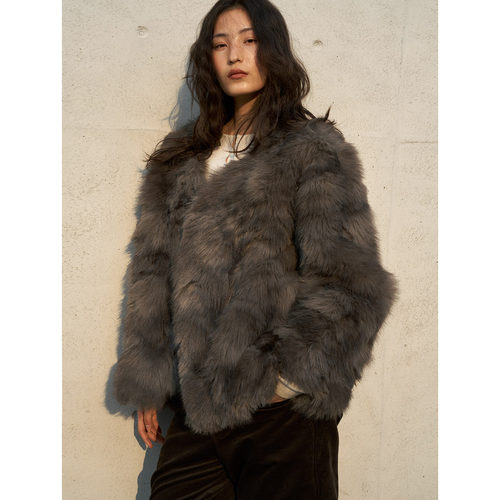 洛边 原创设计师款仿毛环保皮草外套女毛茸茸开衫冬日绒感