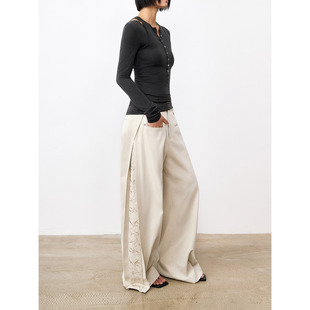 女 全棉独立小众宽松显瘦街头休闲裤 洛边 原创设计刺绣拼接阔腿裤