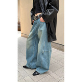宽松显瘦阔腿镰刀休闲裤 层次丹宁复古做旧廓形牛仔裤 武士 洛边