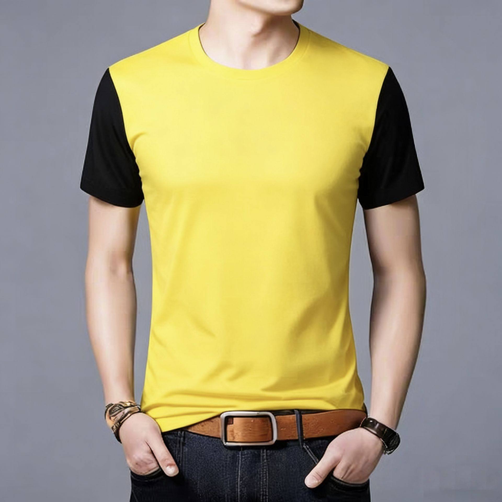 夏季丝光棉飞巴巴t恤男士短袖圆领上衣2026新品冰丝男款黄色体恤