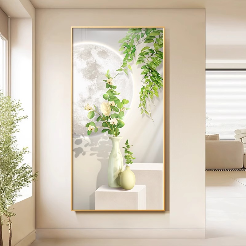 原木风客厅装饰画北欧沙发背景墙挂画绿植三联画高级感奶油风壁画图片