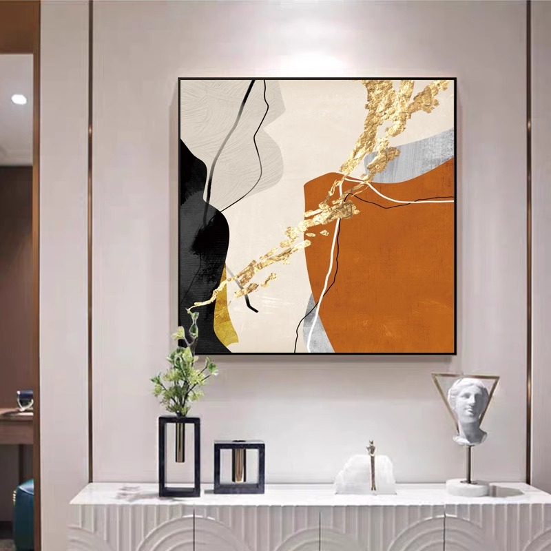 现代简约酒店样板间装饰画方形抽象玄关走廊挂画轻奢橙色客厅壁画图片