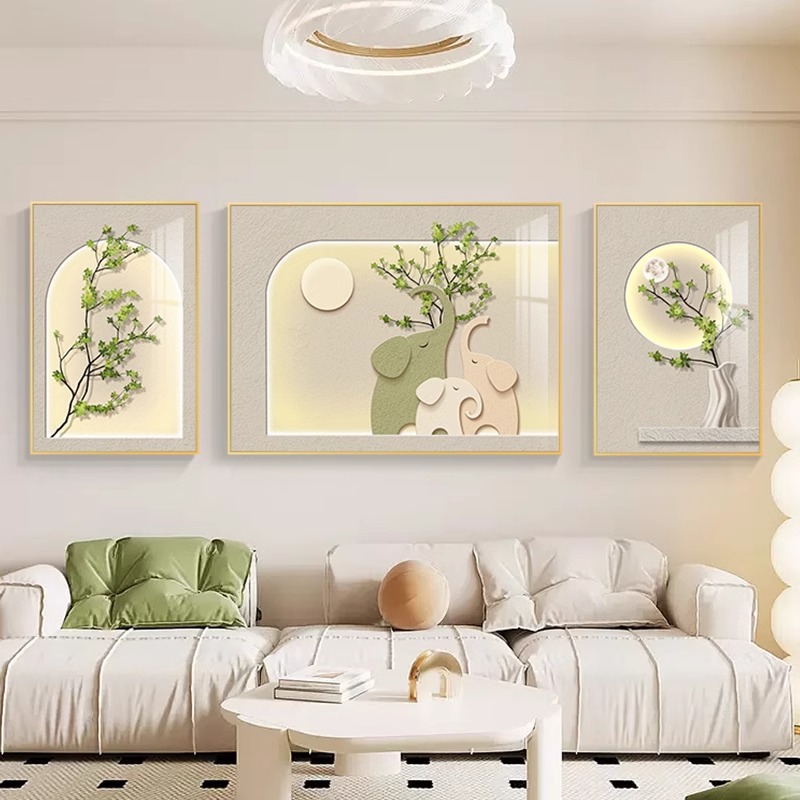 现代简约客厅装饰画小清新高级感三联画温馨小象沙发背景墙挂画图片