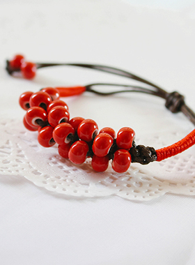 南国瓦瓷 |陶瓷红豆本命年手链 串珠石榴首饰 复古民族风姐妹饰品