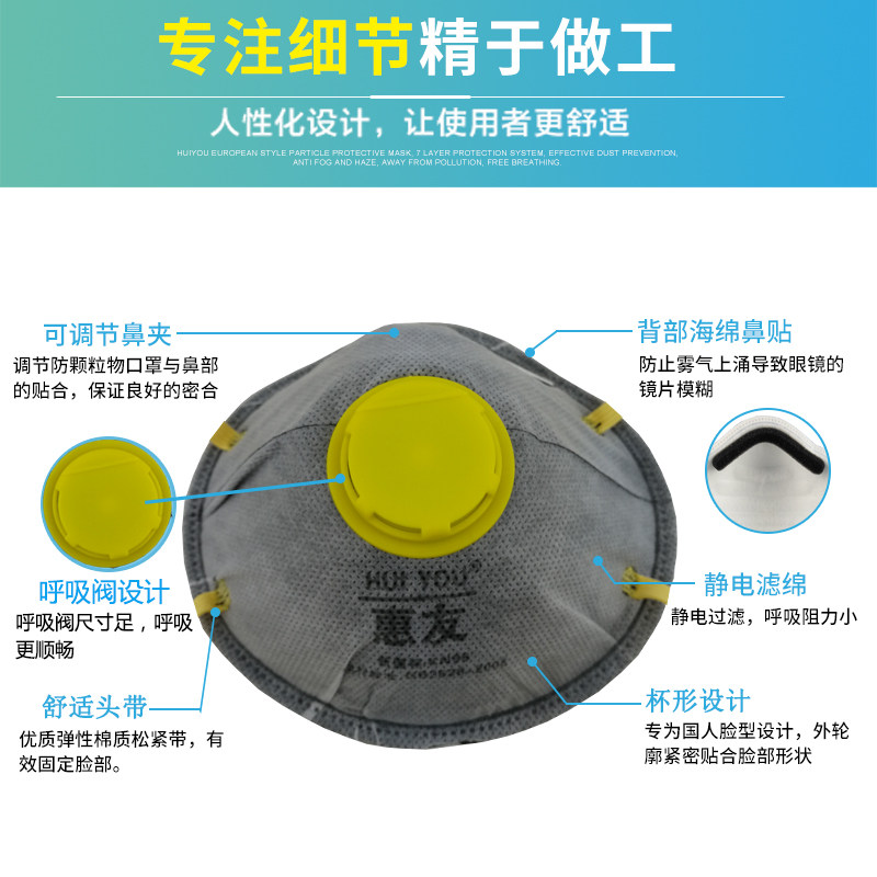 惠友杯型口罩kn95防工业粉尘打磨电焊专用煤矿防尘肺呼吸阀头戴式