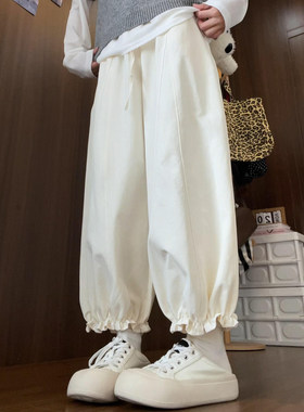 奶白色花苞裤女春秋2026新款高腰夏季小个子直筒九分灯笼裤阔腿裤