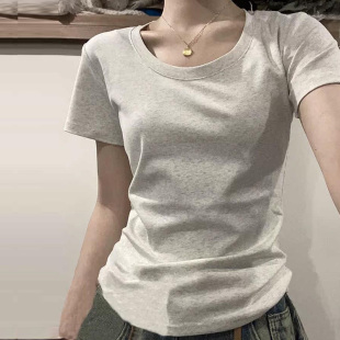 美式 正肩t恤女夏2024新款 赵露思同款 短袖 修身 白色显瘦上衣女夏装