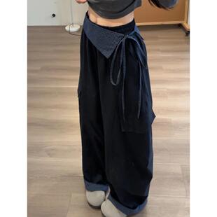 藏青色格纹屁帘裤女春秋2026新款裤子宽松bf慵懒风高腰窄版弯刀裤