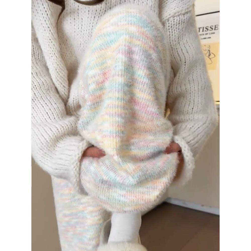 彩虹色糯米裤女秋冬2025新款高腰垂感加绒阔腿裤软糯秋冬针织裤子,女装/女士精品,休闲裤,淘宝优惠券,粉丝福利购,淘宝优惠卷