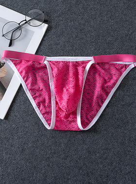男士时尚蕾丝三角低腰囊袋半透明性感内裤