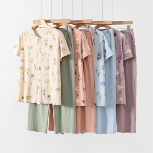 家居服中老年全棉开衫 宽松大码 短袖 九分裤 纯棉女睡衣夏季 套装 薄款