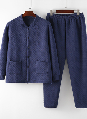 中老年人三层夹棉保暖内衣套装男加厚爸爸对襟开衫老人家居服秋冬