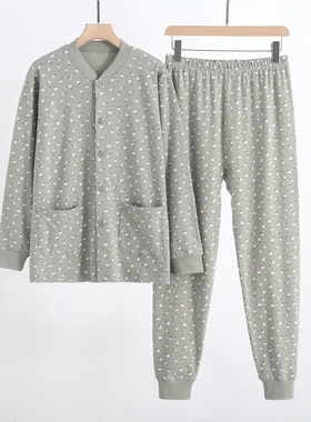 中老年人女士纯棉开衫秋衣秋裤套装妈妈开襟家居服针织大码棉毛衫