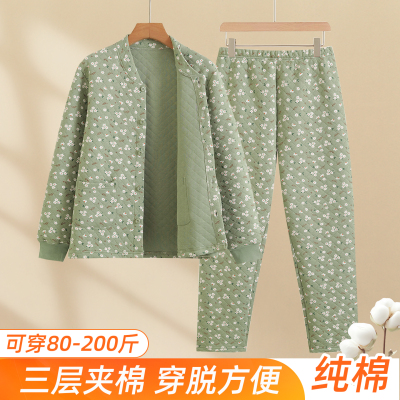 中老年纯棉三层夹棉保暖内衣套装