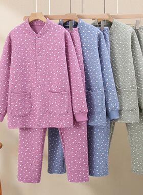 中老年人三层夹棉开衫保暖内衣女士妈妈居家纯棉睡衣老太太家居服