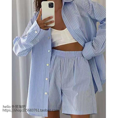 European and American striped loose shirt + pocket shorts