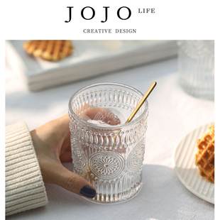 阔稻 JOJO PD.Wide.玻璃杯太阳花浮雕复古水杯ins风金边家用
