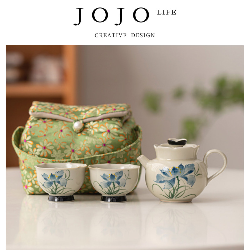 JOJO'S L. PD.紫泉涧.手绘兰荷陶瓷旅行茶具一壶二杯茶壶 | 黛黄