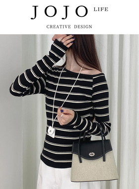 JOJO'S L. PD.Rampage 黑色条纹斜肩长袖t恤女秋季韩版 | 猖畅