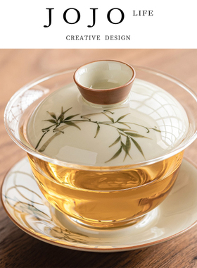 JOJO'S L. PD.month.手绘翠绿文竹茶碗带盖家用泡茶碗 | 晦爸