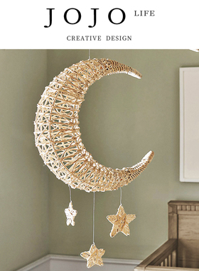 JOJO'S L. PD.blocking.吊挂装饰品北欧风藤编草编月亮造型 |墙堵