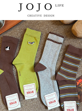 JOJO'S L. PD.Deduct.中筒袜秋冬新款绿色系甜美条纹刺绣 | 奸扣