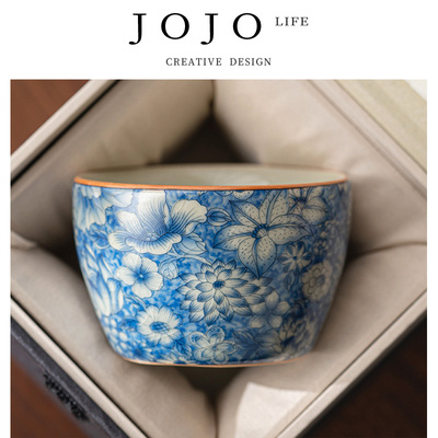 紫泉涧复古青花茶杯主人杯