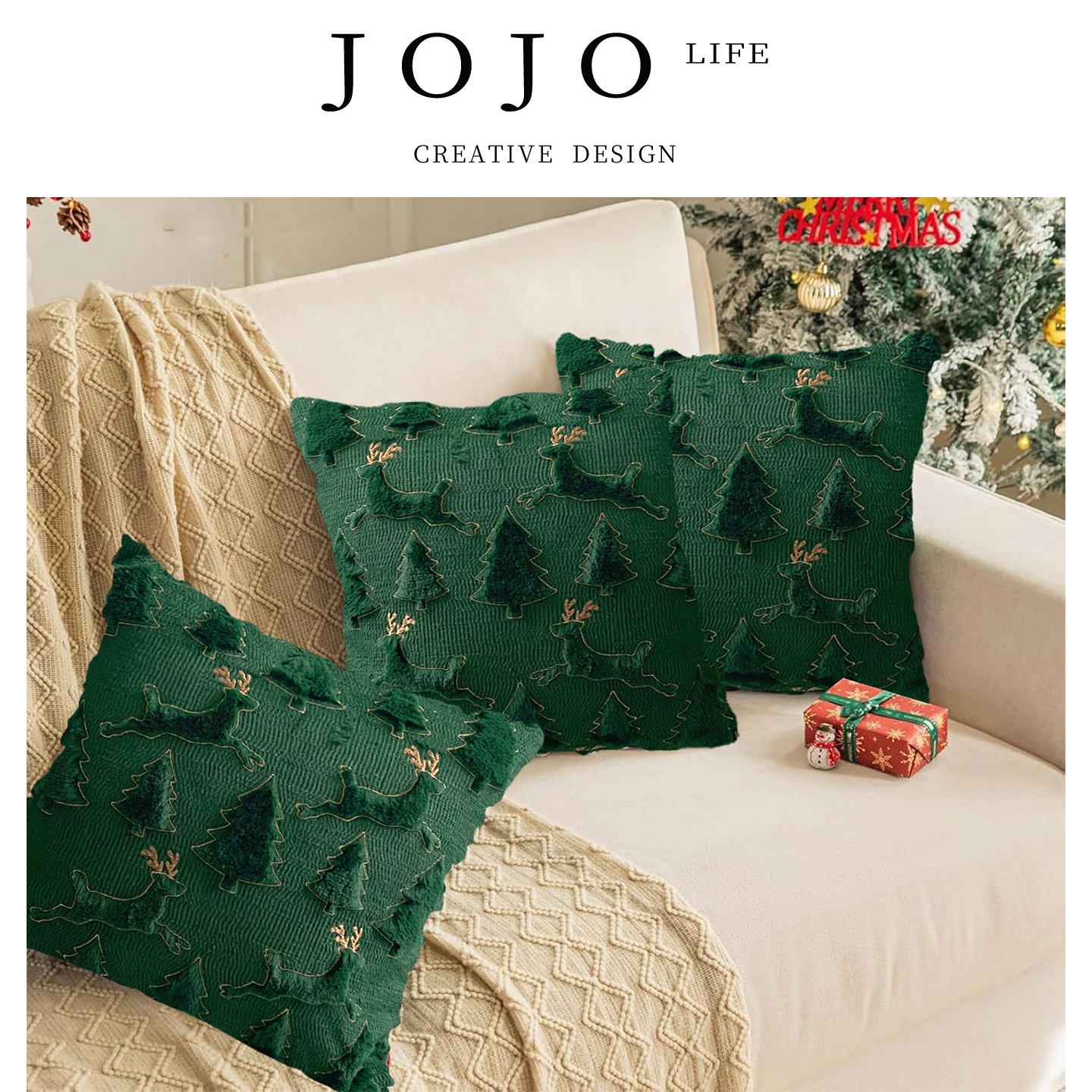 JOJO'S L. PD.Wash.圣诞麋鹿松树立体毛绒靠背抱枕套沙发 | 洗吮