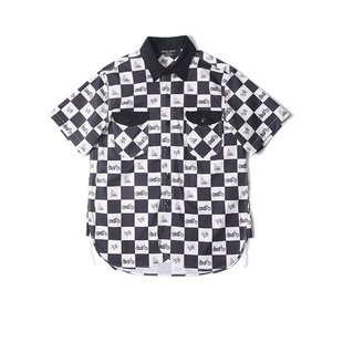 卡通猫狗 赛道格子 摩托 机车短袖 BIKER 衬衫 骑士风格