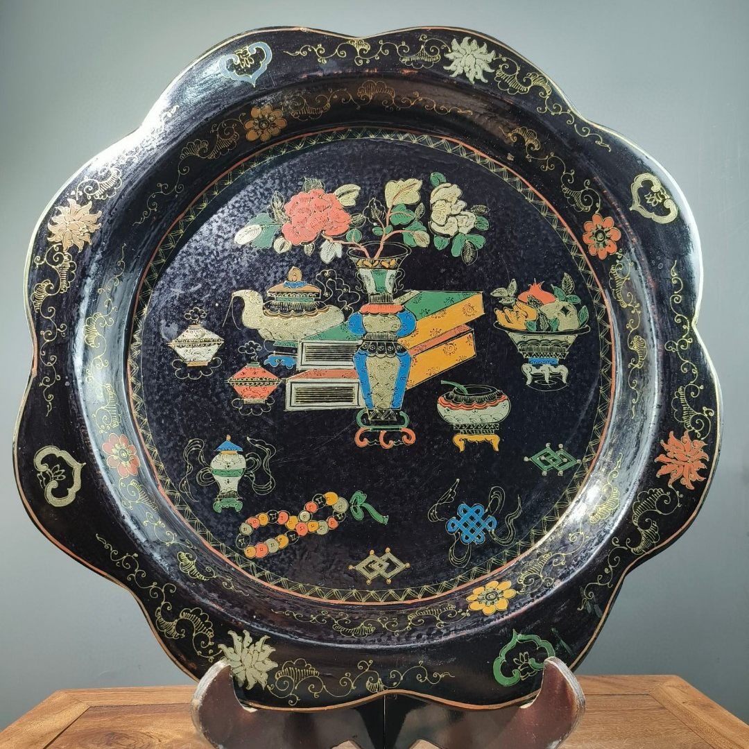 古董古玩杂项收藏品旧藏描金彩绘老漆器赏盘摆件